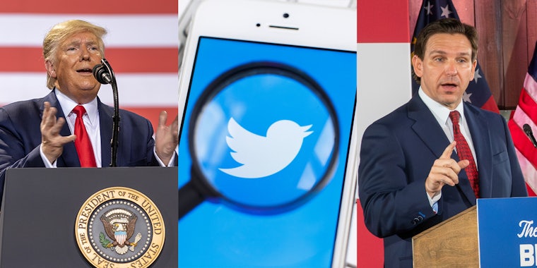 side by side of trump / desantis with a fact checking bird (twitter logo or twitter logo w/ magnifying glass) in between