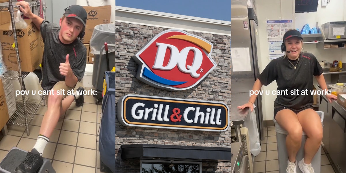 DQ worker sitting without chair with caption 'pov u cant sit at work:' (l) Dairy Queen building with sign (c) DQ worker sitting without chair with caption 'pov u cant sit at work:' (r)