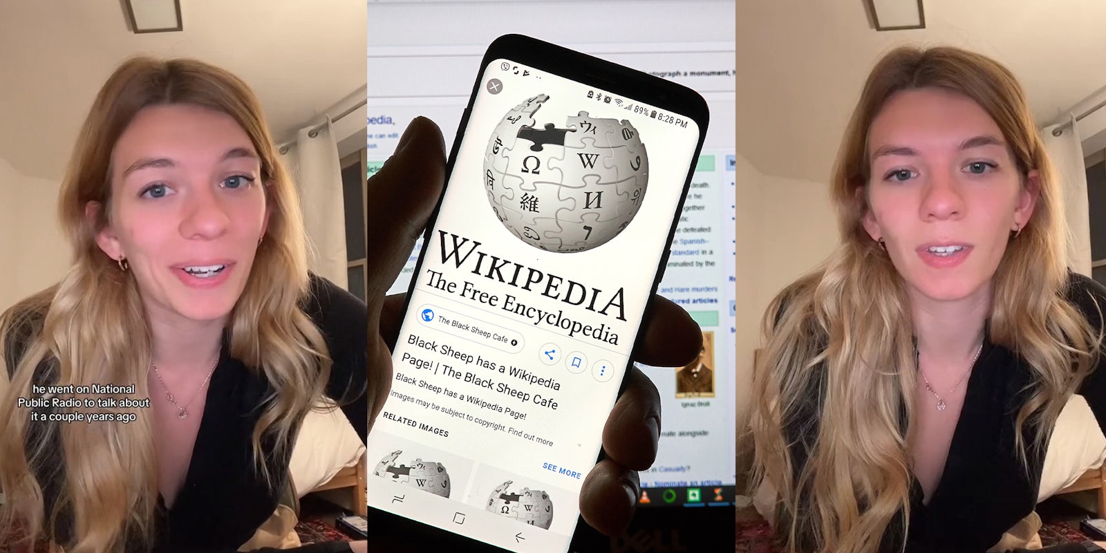 Blond woman wearing black blouse; hand holding up phone with Wikipedia logo shown on screen