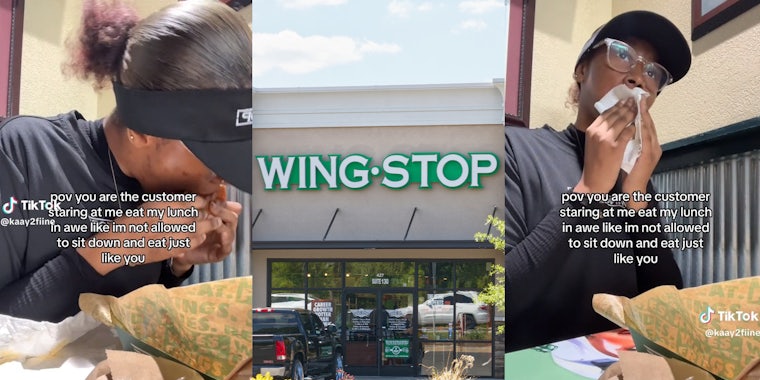 woman who works at Wing Stop restaurant eating wings.