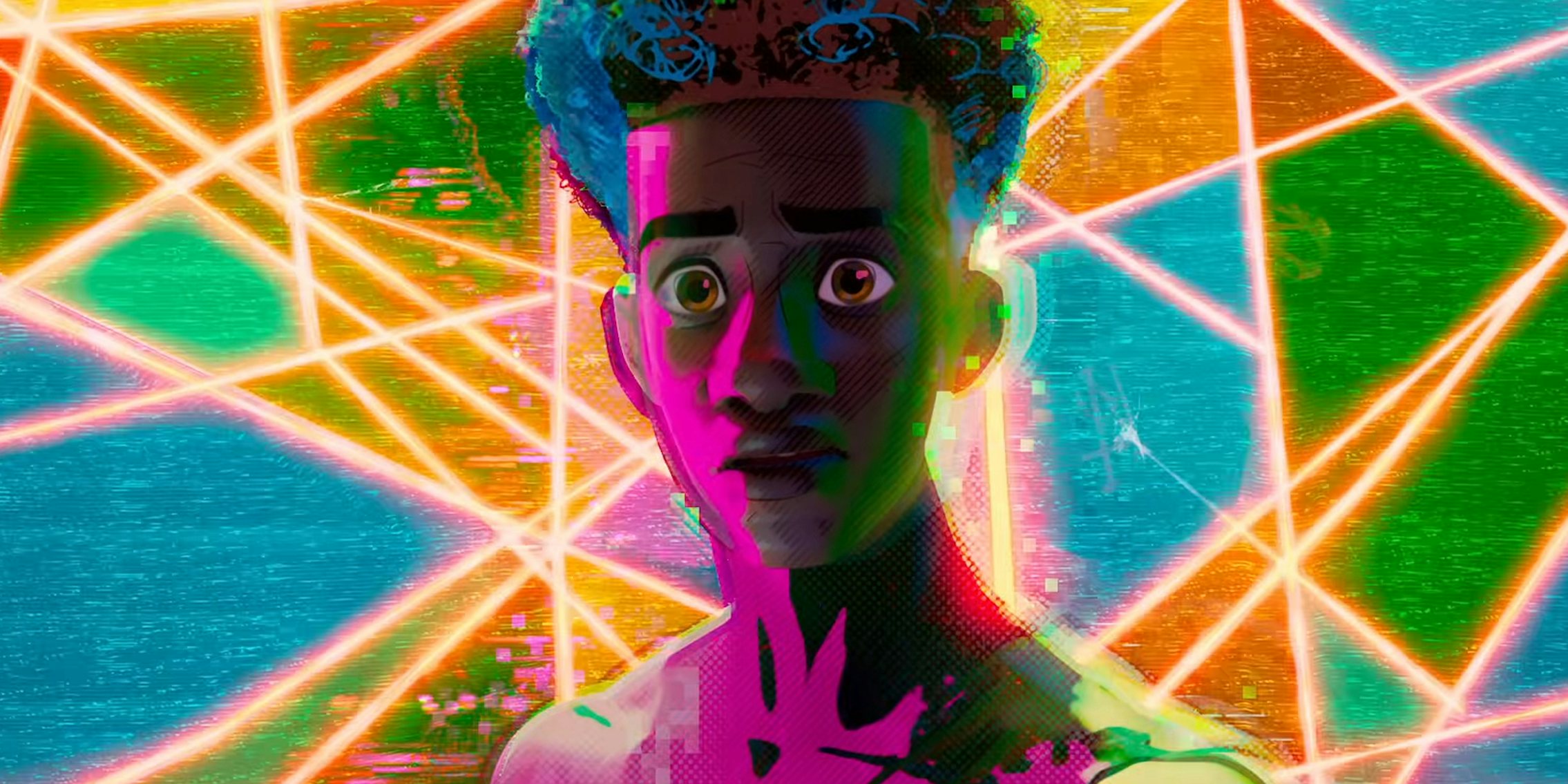 SPIDER-MAN: ACROSS THE SPIDER-VERSE - Official Trailer #2 Miles Morales in front of colorful background
