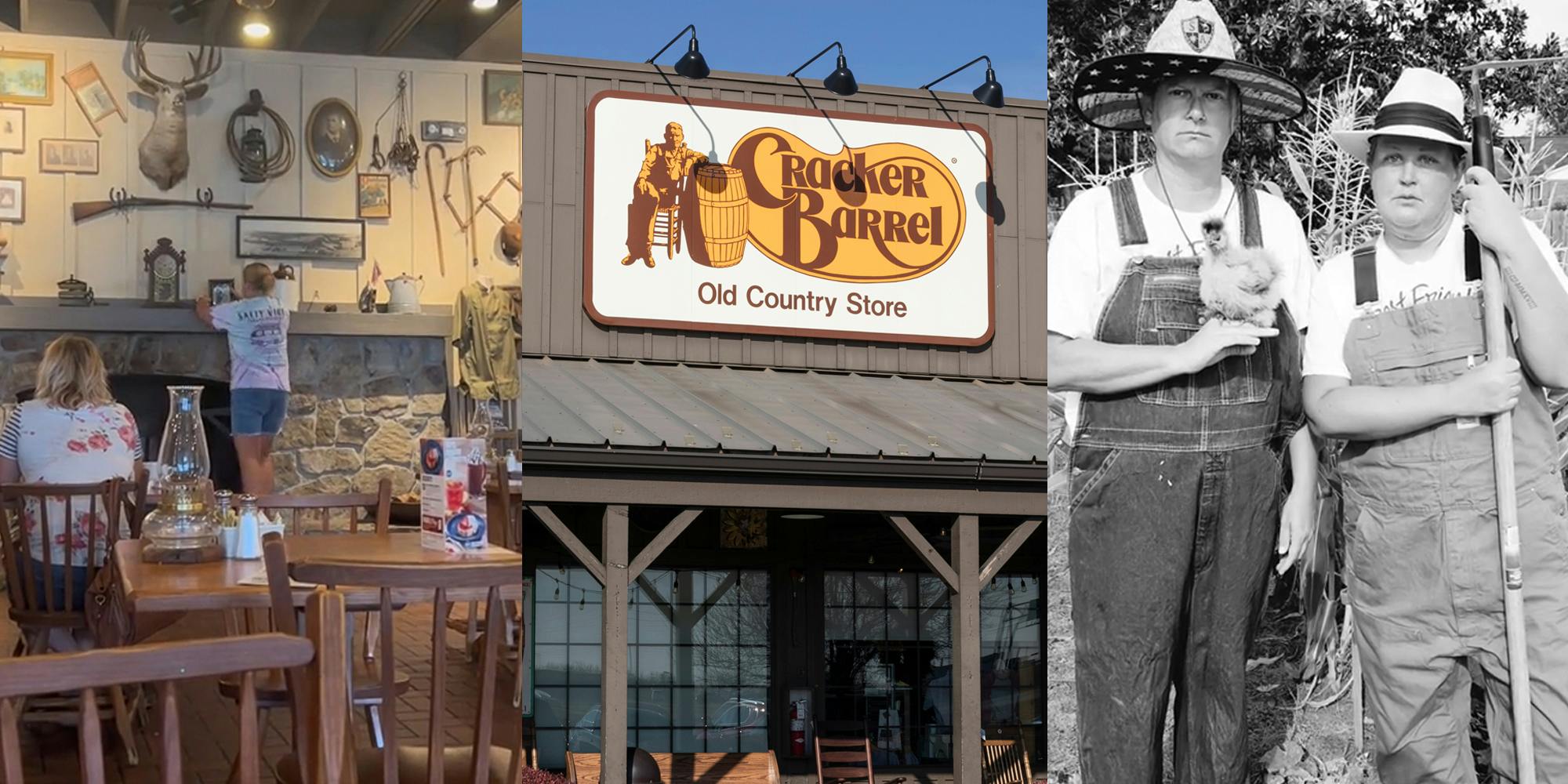 woman adding framed photo to Cracker Barrel interior wall (l) Cracker Barrel building with sign (c) Cracker barrel customers in black and white photo (r)