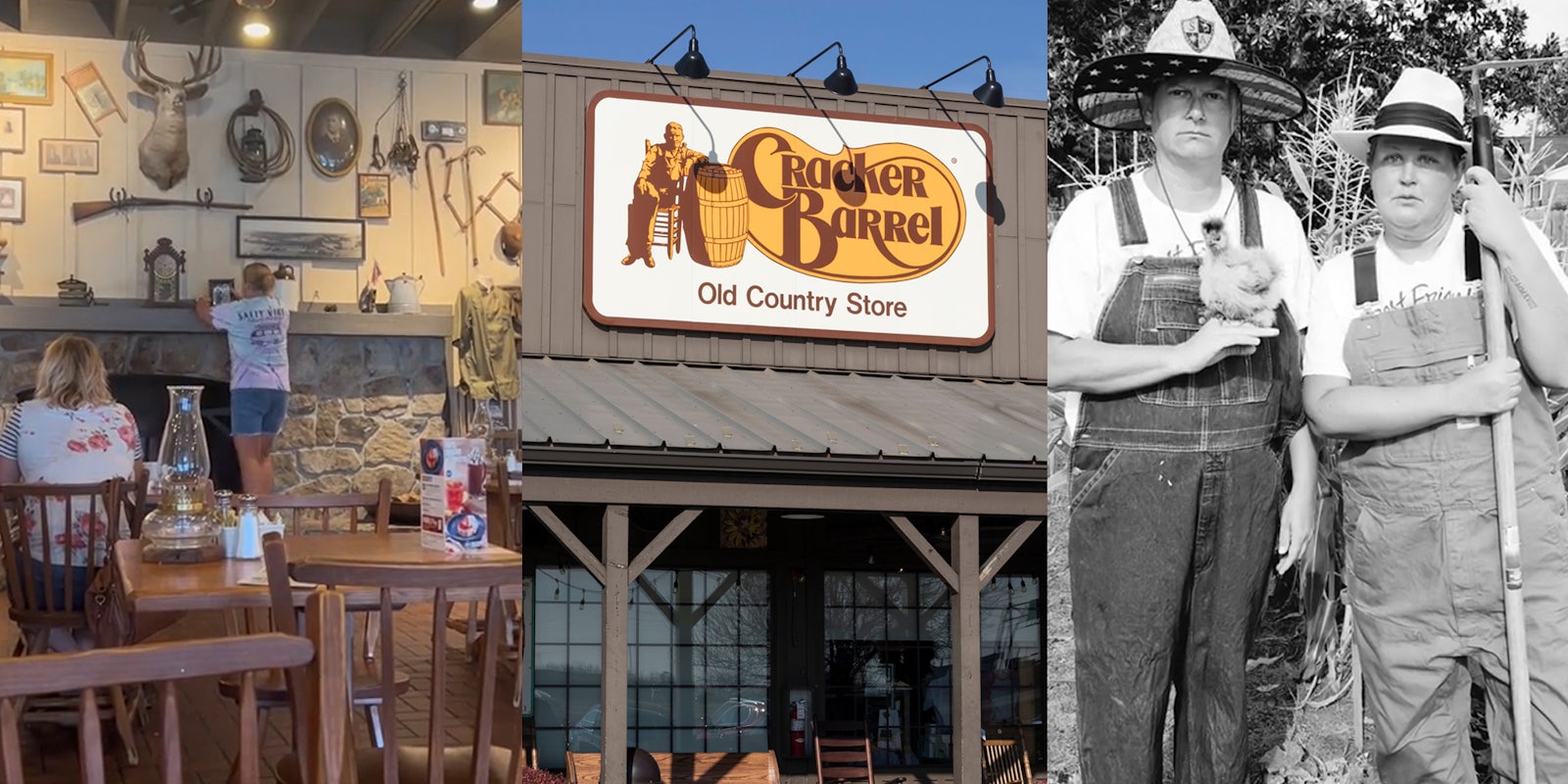 woman adding framed photo to Cracker Barrel interior wall (l) Cracker Barrel building with sign (c) Cracker barrel customers in black and white photo (r)