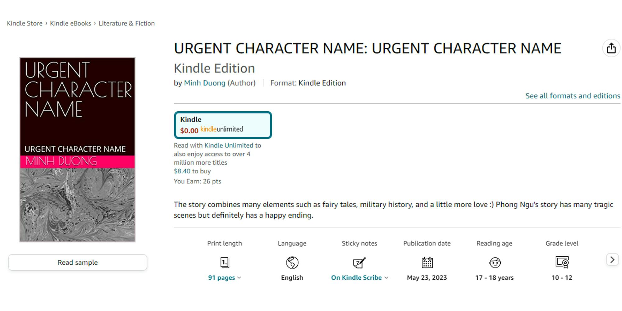 Amazon Kindle eBook listing "URGENT CHARACTER NAME: URGENT CHARACTER NAME" with image of book cover