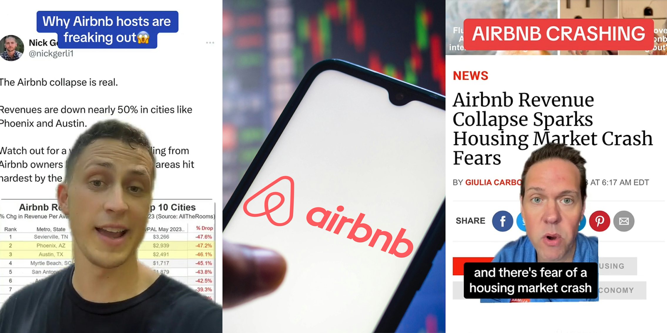 man greenscreen TikTok over image of Airbnb collapse tweet with caption 'Why Airbnb hosts are freaking out' (l) hand holding phone with Airbnb on screen in front of chart background (c) man greenscreen TikTok over article 'Airbnb Revenue Collapse Sparks Housing Market Crash Fears' with caption 'and there's fear of a housing market crash' (r)