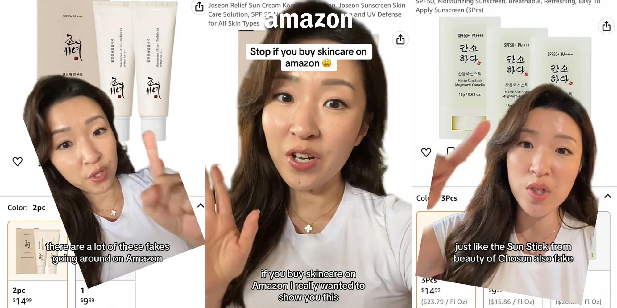 woman greenscreen TikTok over Amazon beauty products with caption "there are a lot of these fakes going around on Amazon" (l) woman greenscreen TikTok over Amazon beauty products with caption "Stop if you buy skincare on amazon if you buy skincare on Amazon I really wanted to show you this" with Amazon logo above (c) woman greenscreen TikTok over Amazon beauty products with caption "just like the Sun Stick from beauty of Chosun also fake" (r)