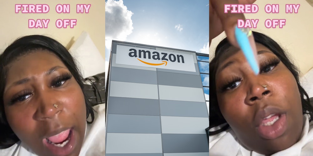 former Amazon employee speaking with caption 'FIRED ON MY DAY OFF' (l) Amazon sign on building (c) former Amazon employee speaking with caption 'FIRED ON MY DAY OFF' (r)