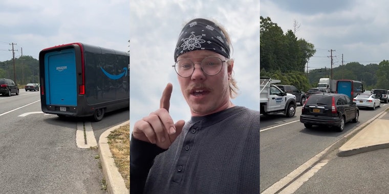 Amazon truck backing out (l) man speaking outside with finger pointing up (c) Amazon truck in traffic with no break lights only hazards (r)