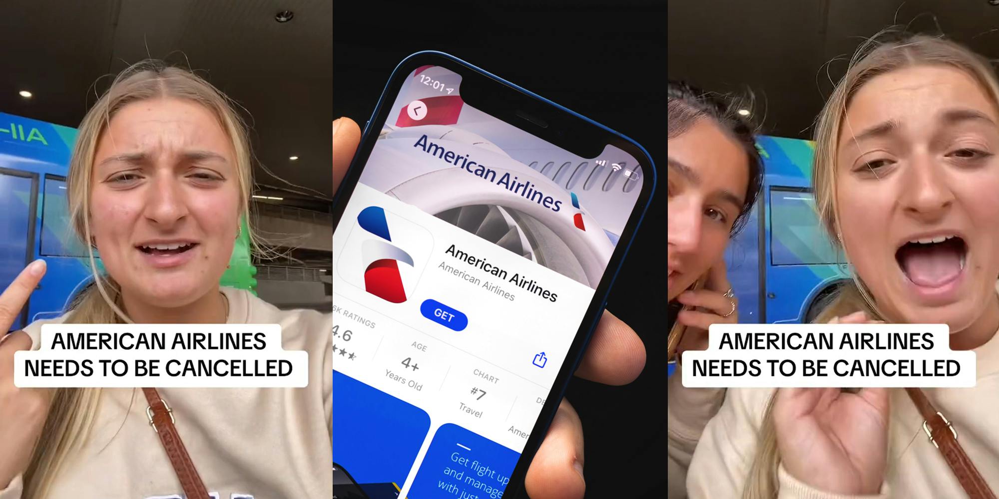 American Airlines customer speaking with caption 'AMERICAN AIRLINES NEEDS TO BE CANCELLED' (l) hand holding phone with American Airlines app on screen in front of dark background (c) American Airlines customers speaking with caption 'AMERICAN AIRLINES NEEDS TO BE CANCELLED' (r)
