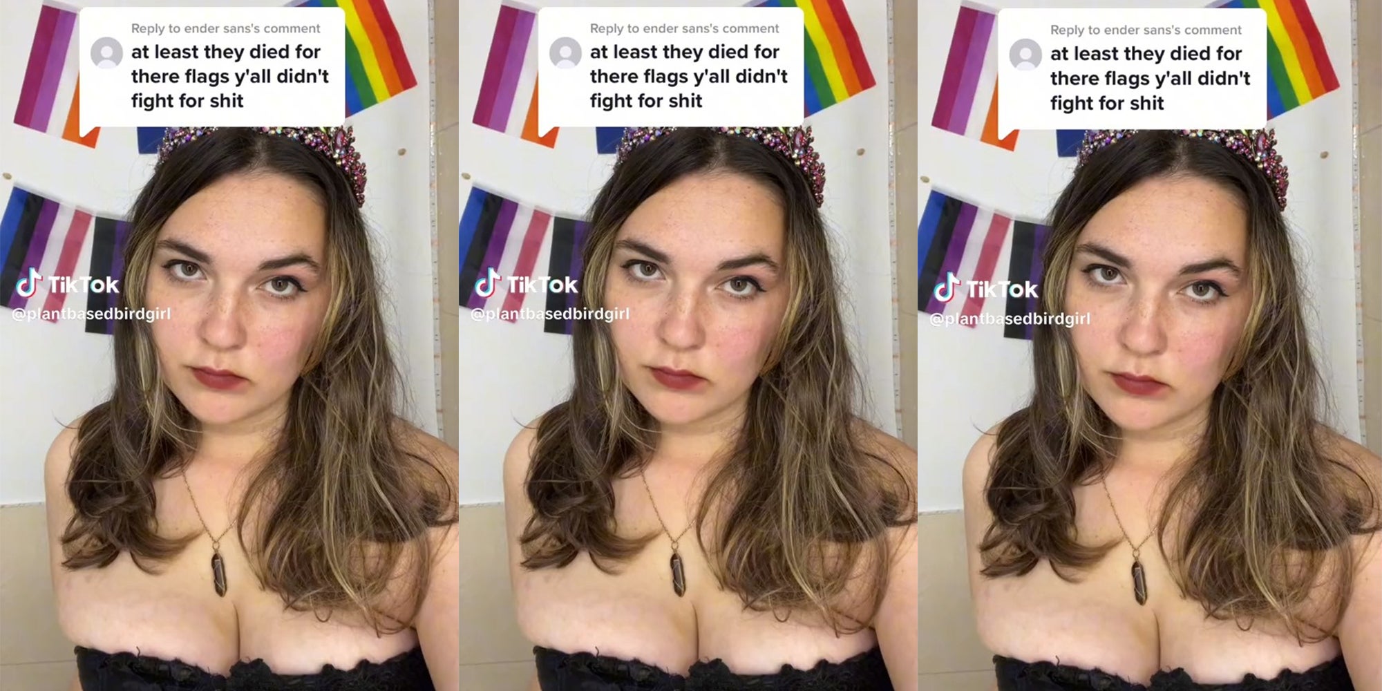 woman in black dress with pride flags in the background