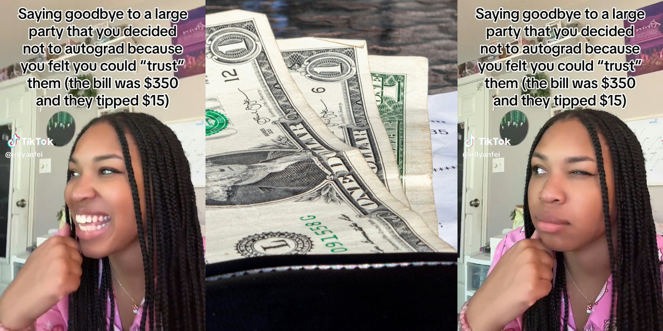 young woman smiling (l) three dollar tip (c) young woman squinting (r)