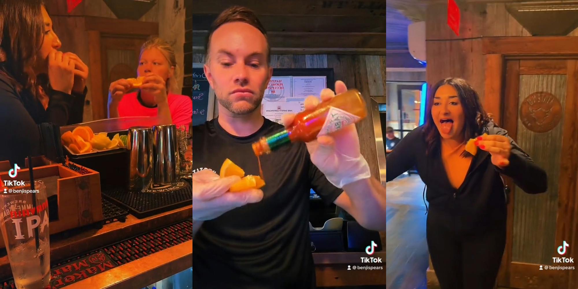 women biting into oranges at bar (l) bartender putting Tabasco sauce on orange slices (c) woman holding orange slice with mouth open (r)