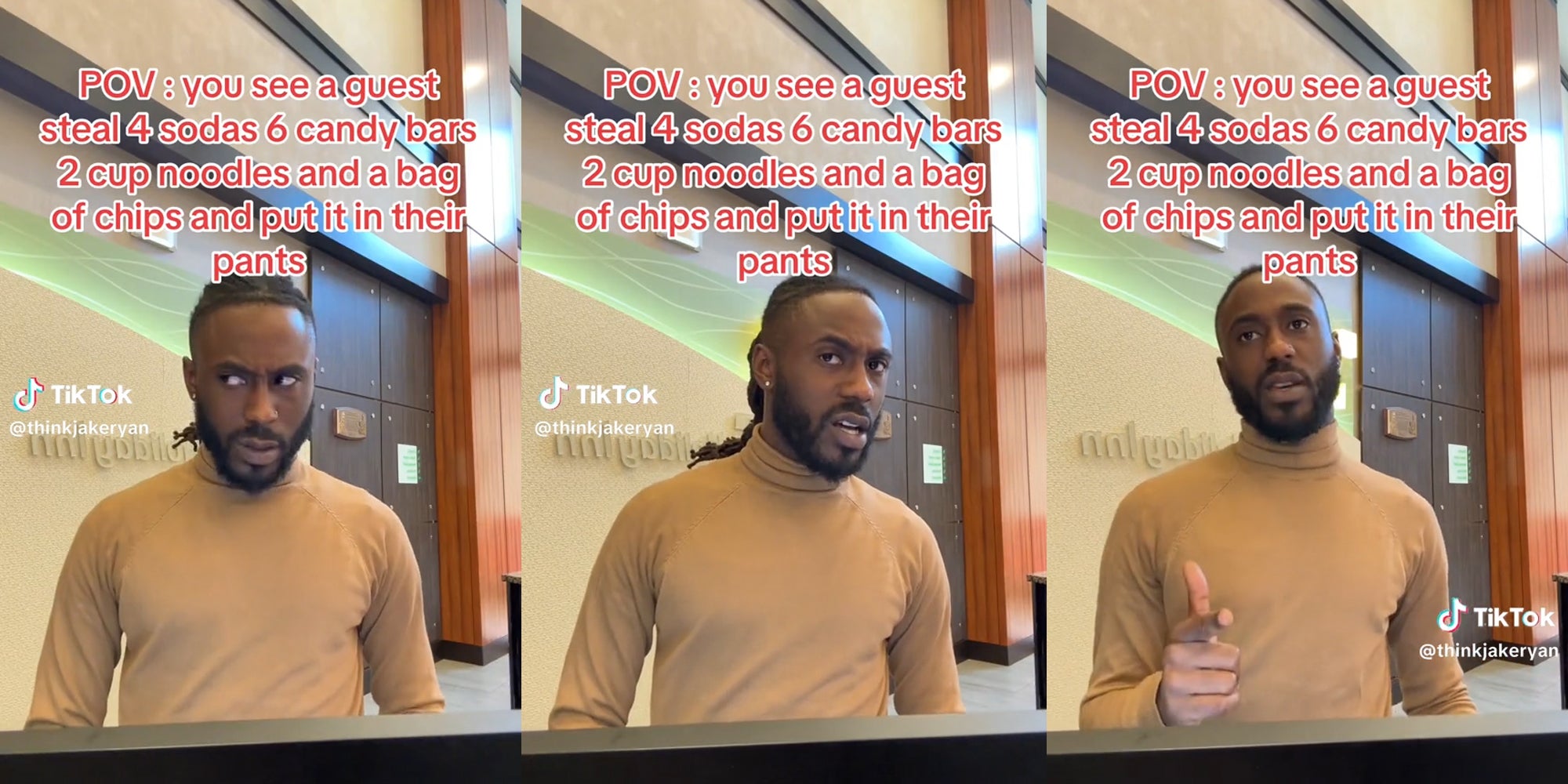 man at desk with caption 'POV: you see a guest steal 4 sodas 6 candy bars 2 cup noodles and a bag of chips and put it in their pants'