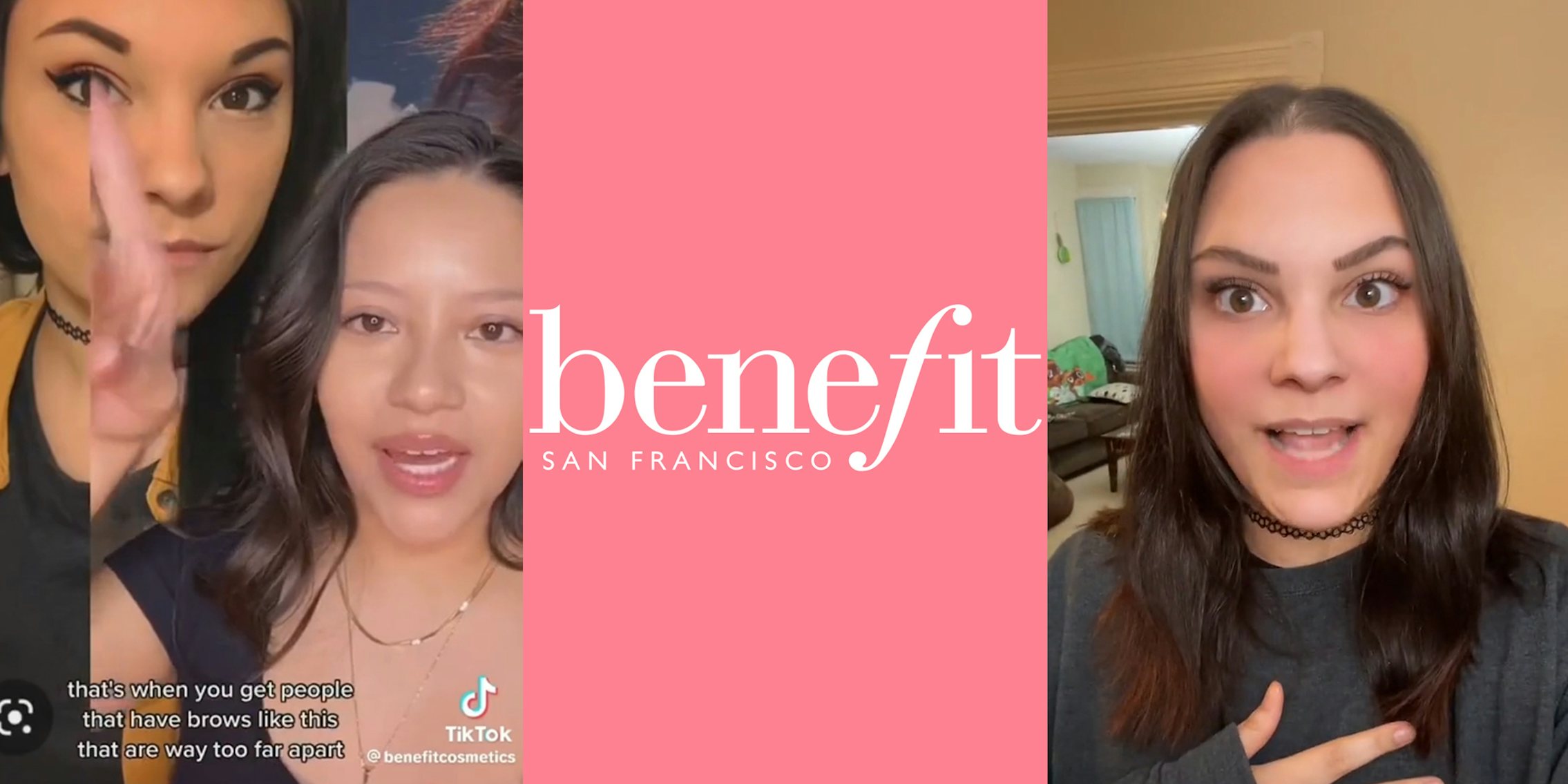 TikToker greenscreen ad over Instagram photo of woman with caption 'that's when you get people that have brows like this way too far apart' (l) Benefit San Francisco logo in front of pink background (c) woman speaking (r)