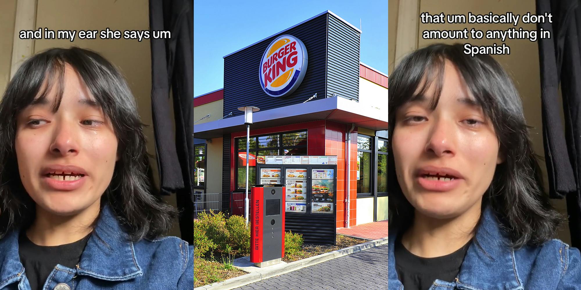 Burger King employee speaking with caption "and in my ear she says um" (l) Burger King building with sign (c) Burger King employee speaking with caption "that um basically don't amount to anything in Spanish" (r)