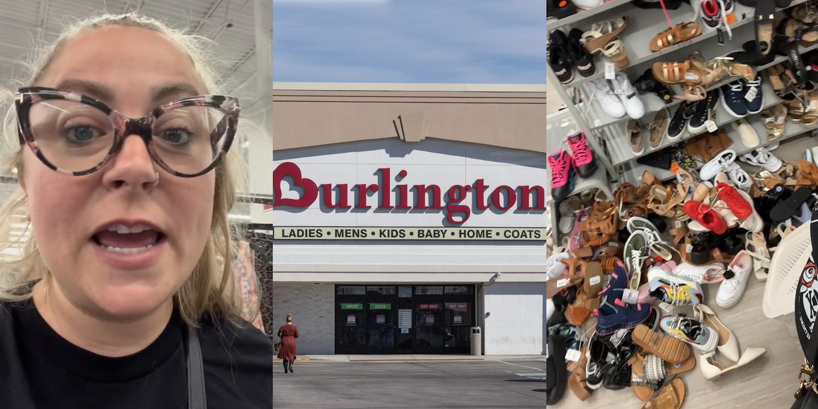 Burlington customer speaking (l) Burlington building with sign (c) Burlington shoe section in disarray (r)