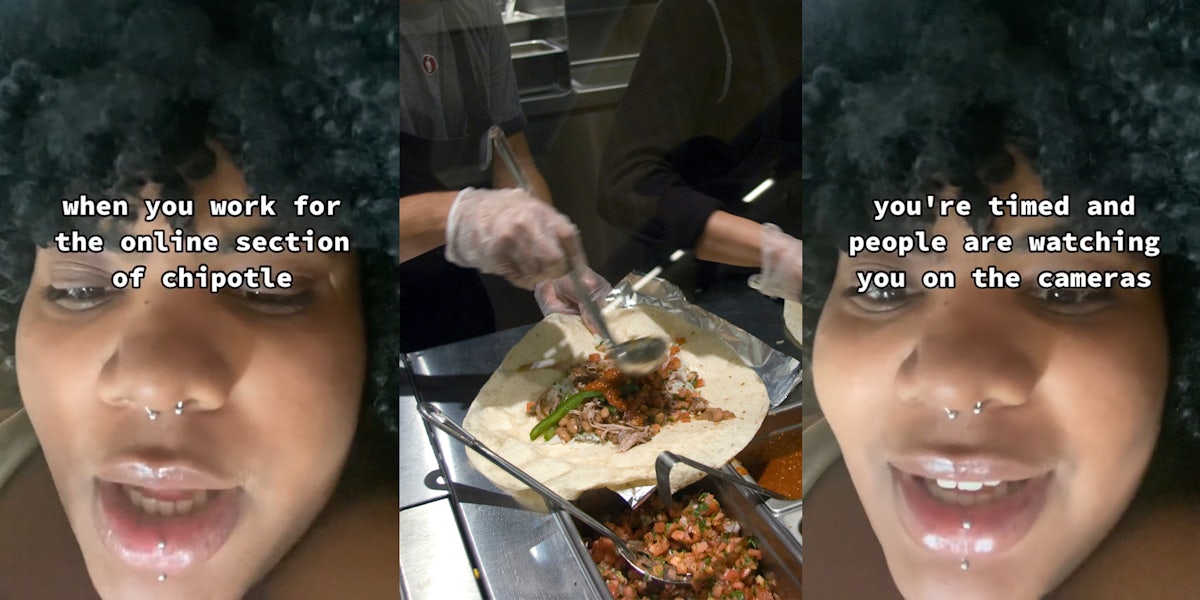former Chipotle employee speaking with caption 'when you work for the online section of chiptole' (l) Chipotle workers adding toppings to food (c) former Chipotle employee speaking with caption 'you're timed and people are watching you on the cameras' (r)