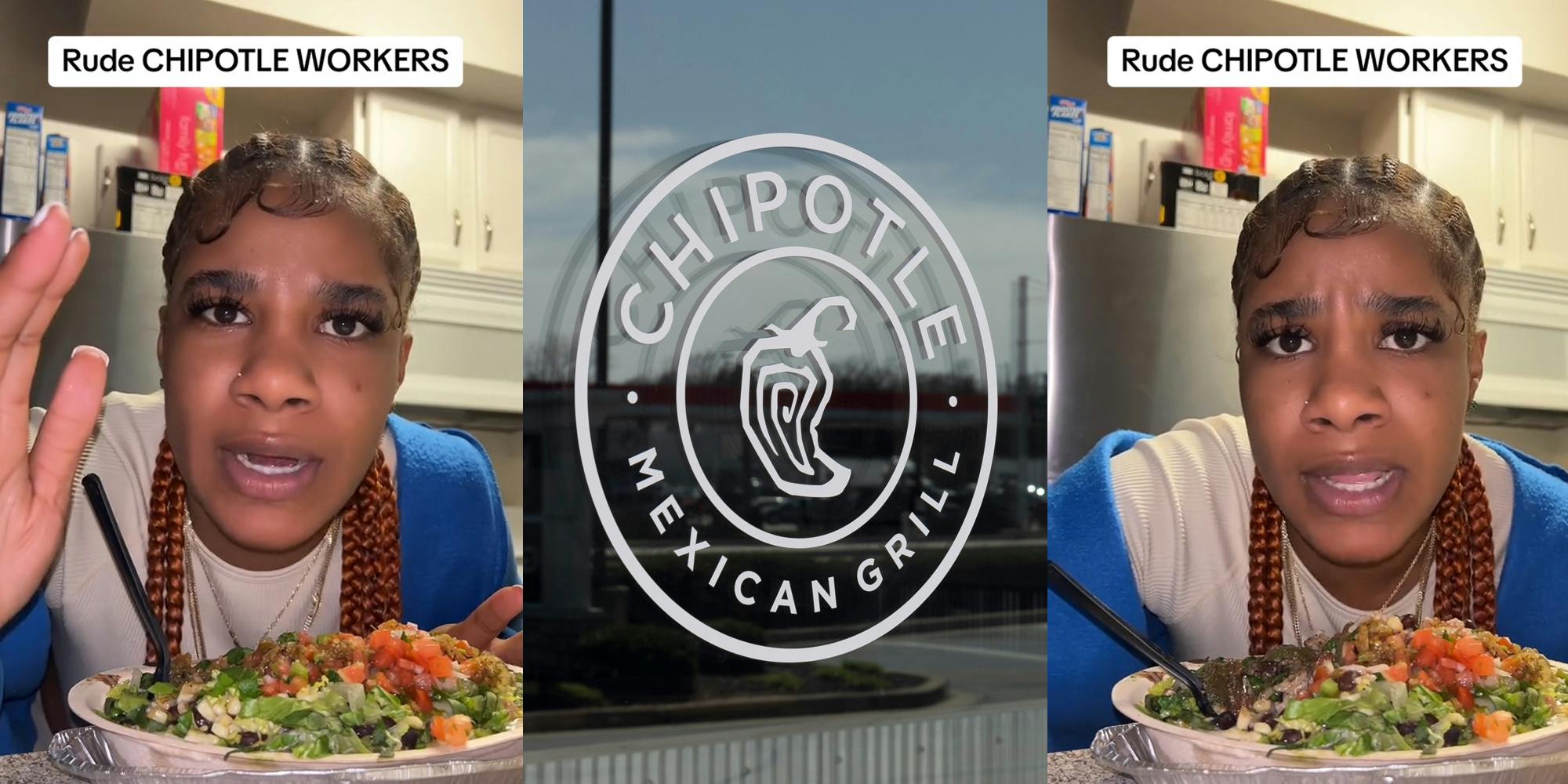 Chipotle customer speaking with caption "Rude CHIPOTLE WORKERS" (l) Chipotle sign on glass door (c) Chipotle customer speaking with caption "Rude CHIPOTLE WORKERS" (r)