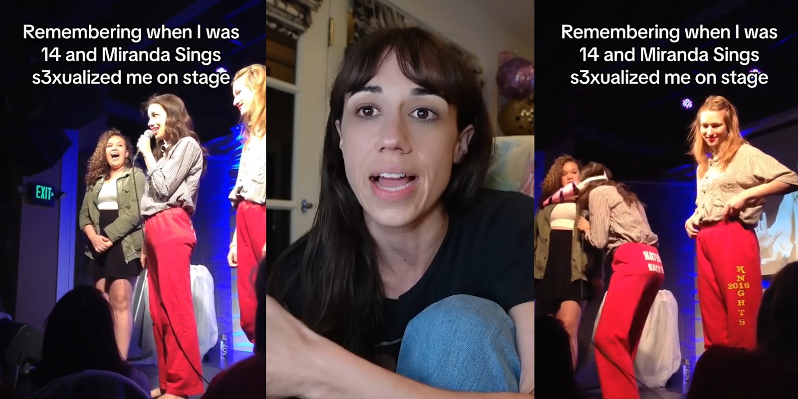 Colleen Ballinger Miranda Sings on stage with fans with caption 'Remembering when I was 14 and Miranda Sings s3xualized me on stage' (l) Colleen Ballinger speaking (c) Colleen Ballinger Miranda Sings on stage with fans with caption 'Remembering when I was 14 and Miranda Sings s3xualized me on stage' (r)