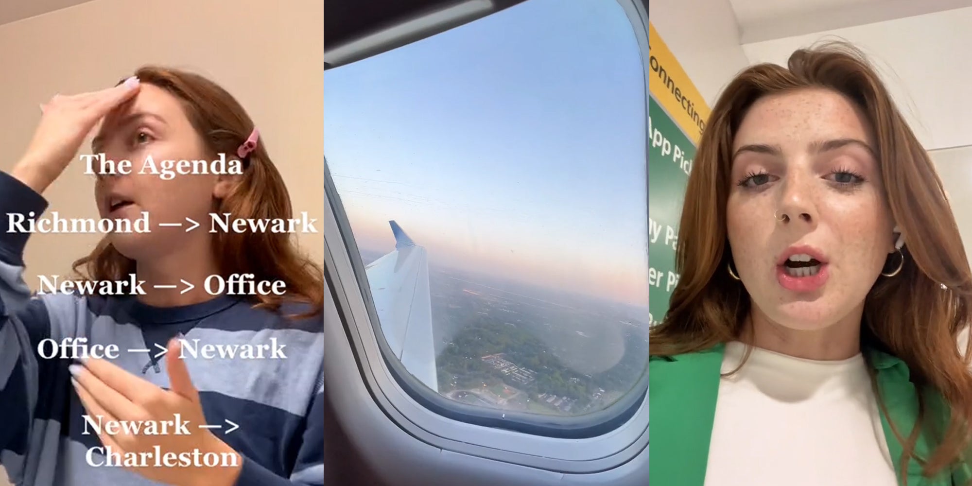 worker getting ready with caption The Agenda Richmond -> Newark Newark -> Office Office -> Newark Newark -> Charleston (l) view from airplane window (c) worker speaking in office attire (r)