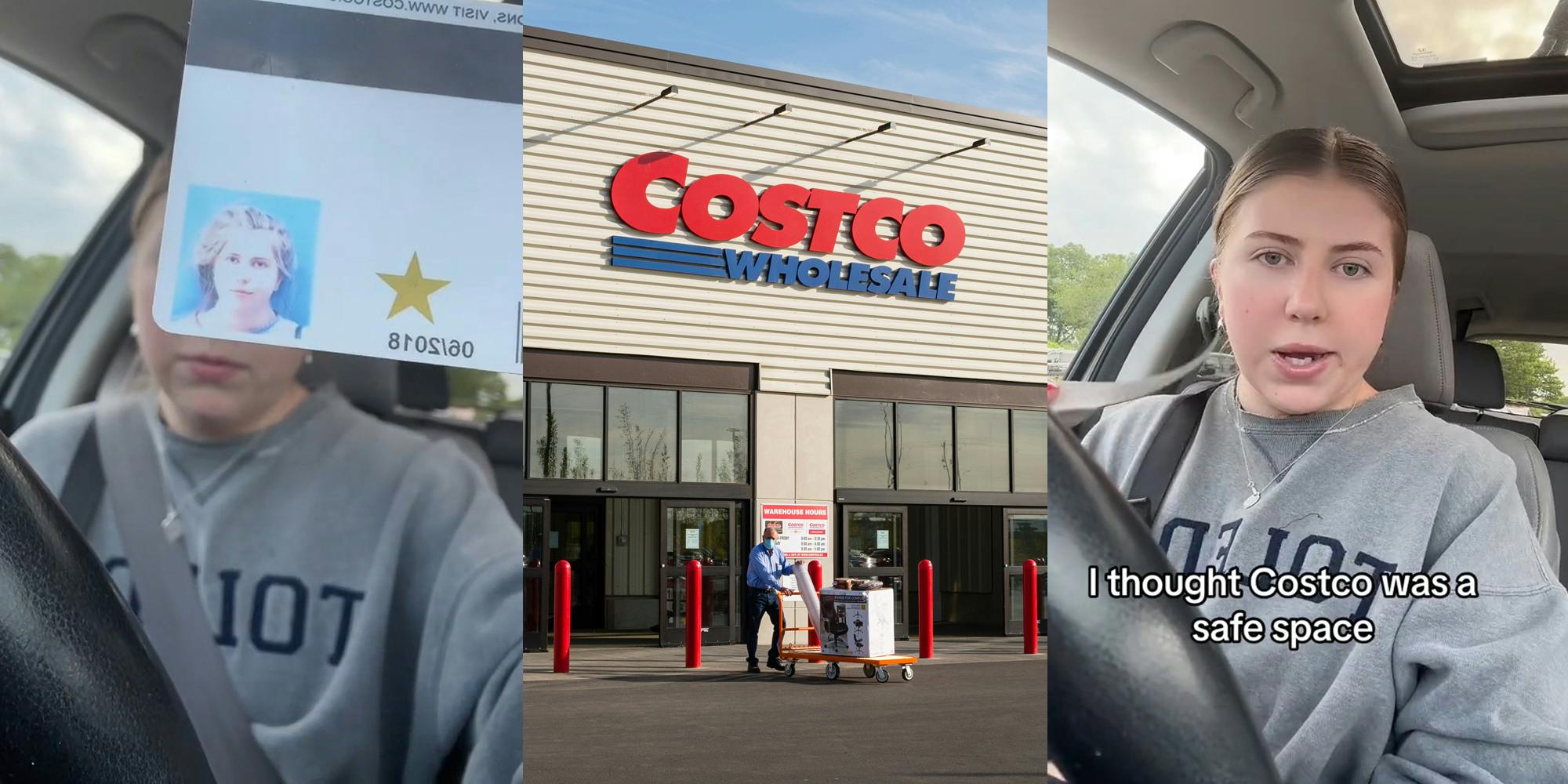 Costco customer holding card photo in car (l) Costco building with sign (c) Costco customer speaking in car with capti9on "I thought Costco was a safe space" (r)