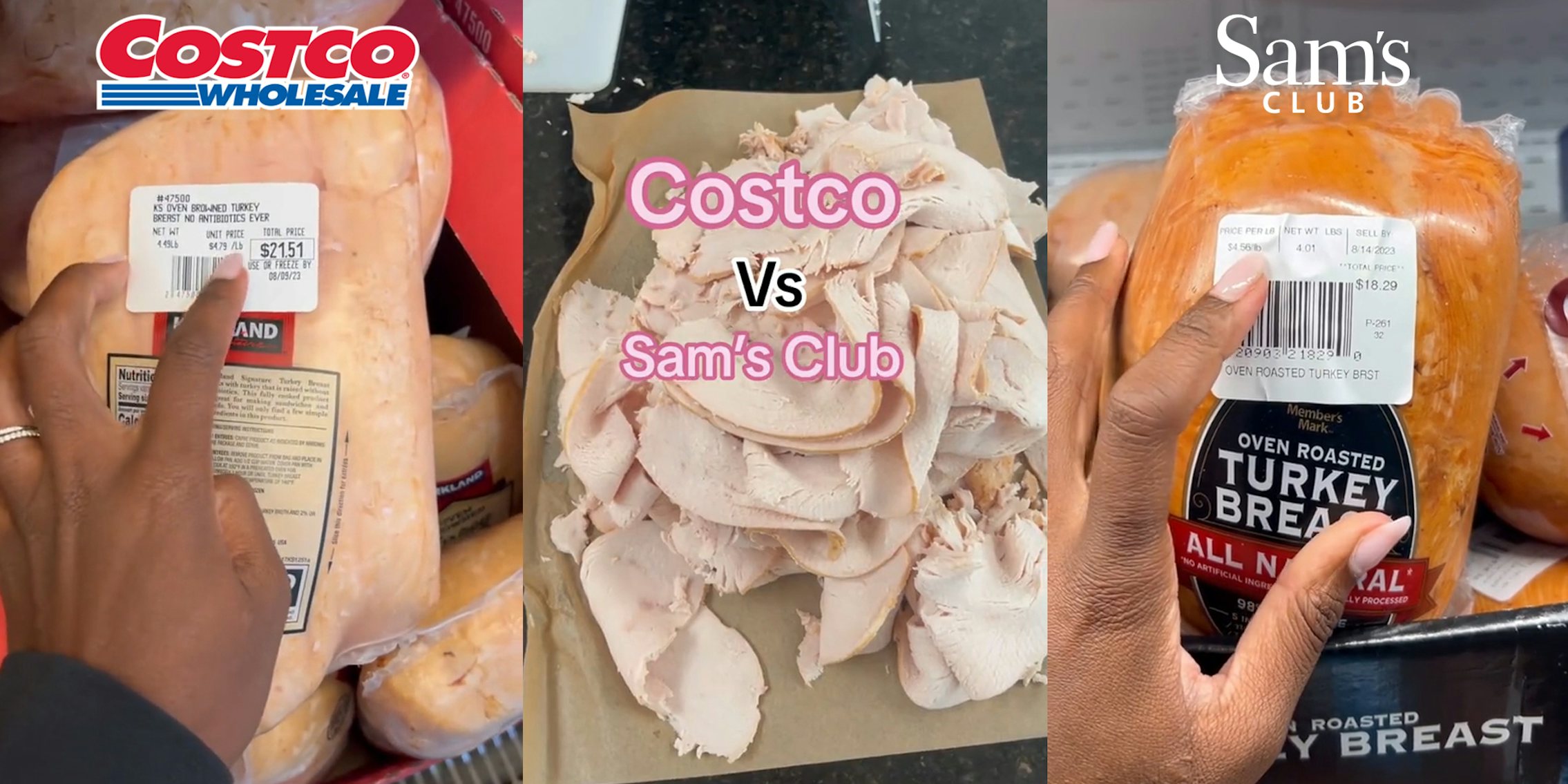 Costco customer pointing to turkey price per pound with Costco logo at top (l) sliced turkey on counter with caption 'Costco Vs Sam's Club' (c) Sam's Club customer pointing to turkey price per pound with Sam's Club logo at top (r)
