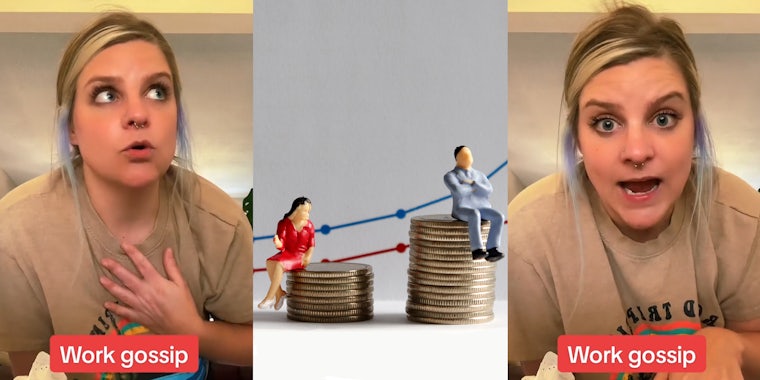 worker speaking with caption 'Work gossip' (l) coworkers dolls on stacks of coins in front of grey background with graph pay gap concept (c) worker speaking with caption 'Work gossip' (r)