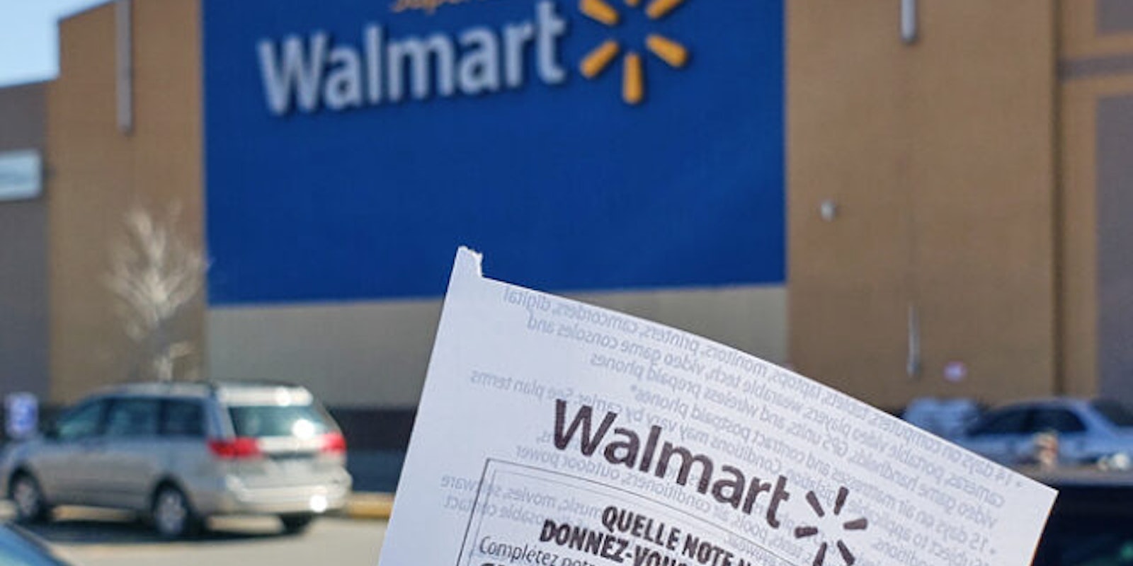 Walmart customer holding receipt with highlighted purchase (l) Walmart customer holding receipt in parking lot in front of Walmart building (c) Walmart customer with full cart (r)