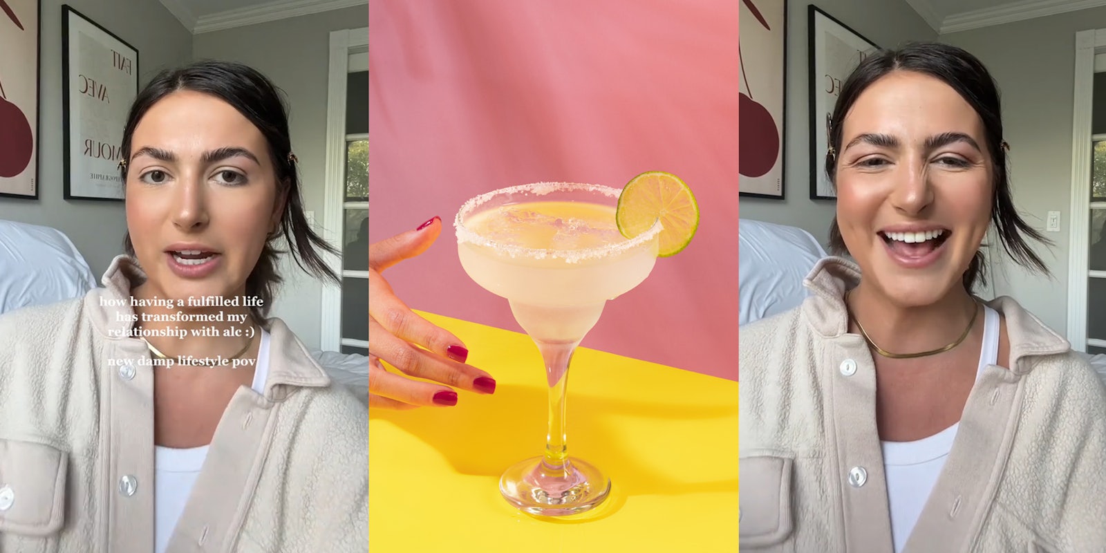 woman speaking with caption 'how having a fulfilled life has transformed my relationship with ale :) new damp lifestyle pov' (l) woman hand reaching for margarita in front of pink wall (c) woman smiling (r)