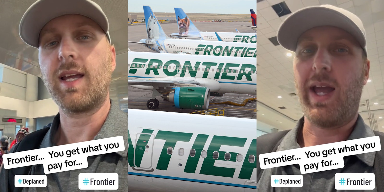 Frontier Airlines customer speaking with caption 'Frontier...You get what you pay for... #Deplaned #Frontier' (l) Frontier Airlines planes lined up (c) Frontier Airlines customer speaking with caption 'Frontier...You get what you pay for... #Deplaned #Frontier' (r)