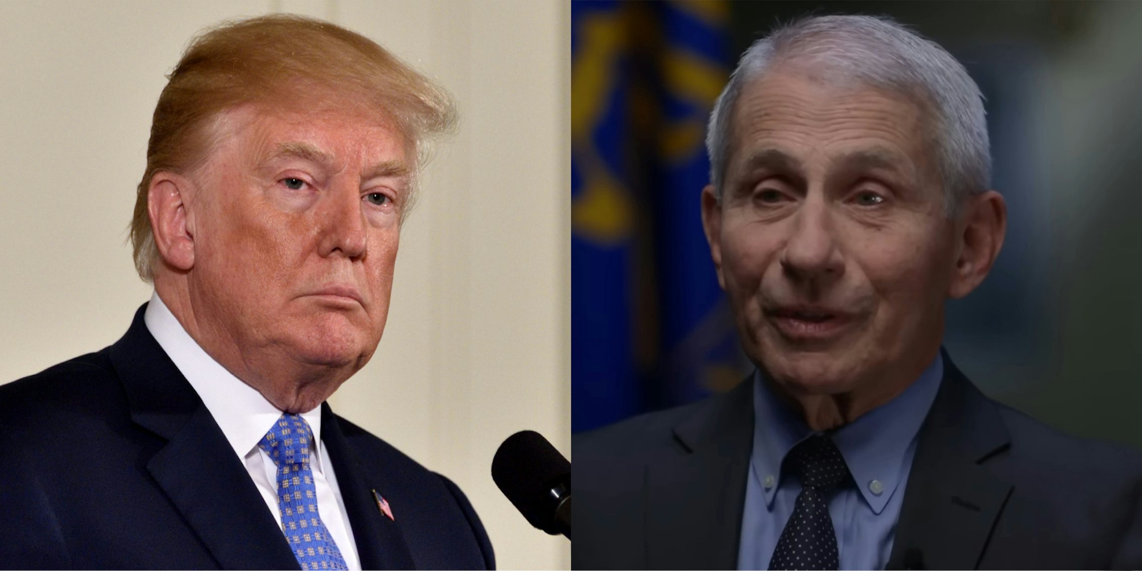 Donald Trump in front of tan background (l) Dr. Fauci in front of blurry background (r)