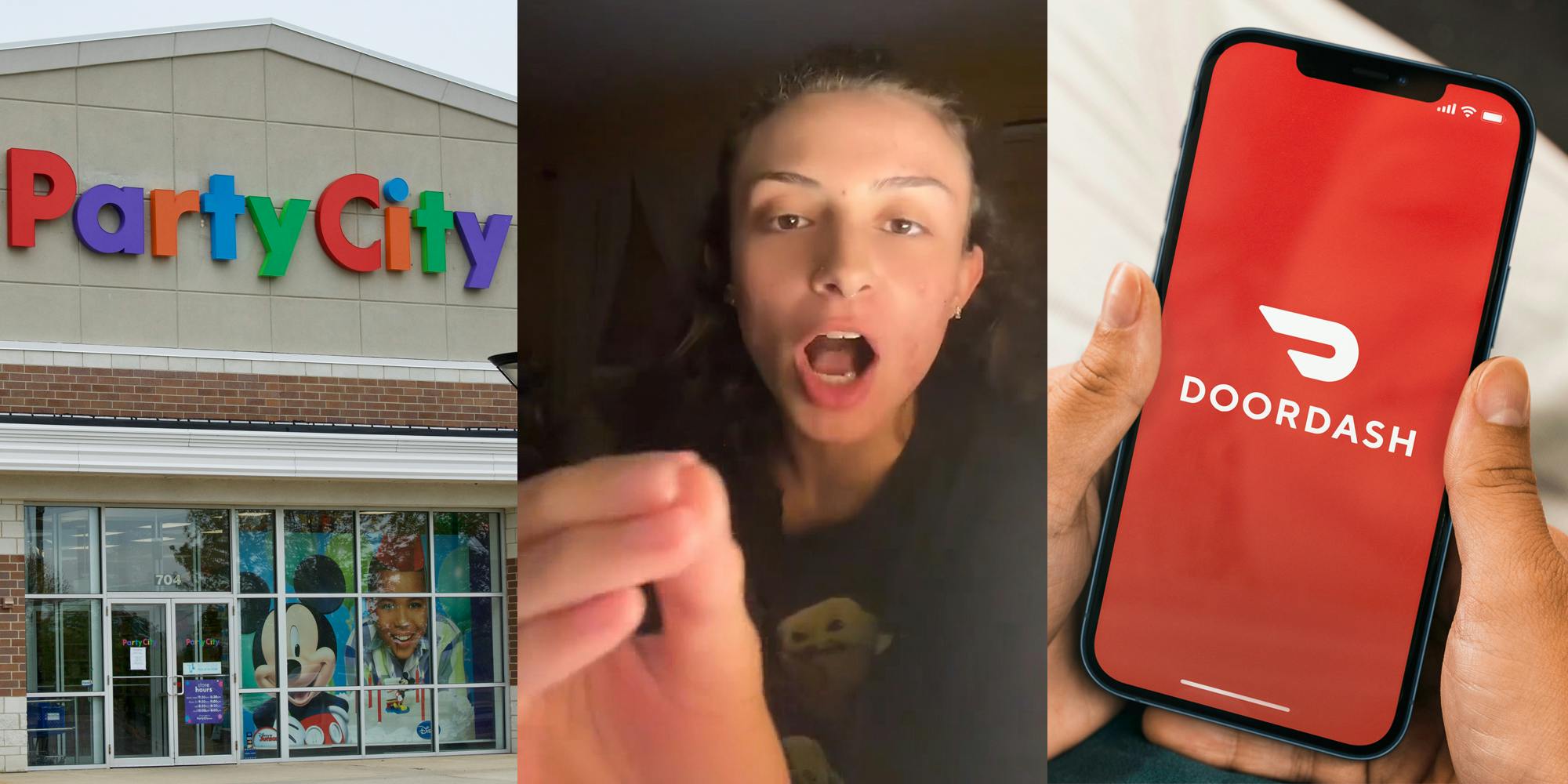 Party City building with sign (l) Party City employee speaking (c) hands holding phone with DoorDash on screen (r)