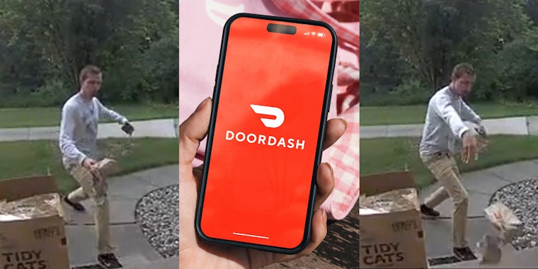 DoorDash driver on security camera footage throwing DoorDash order (l) DoorDash app on phone in hand (c) DoorDash driver on security camera footage throwing DoorDash order (r)