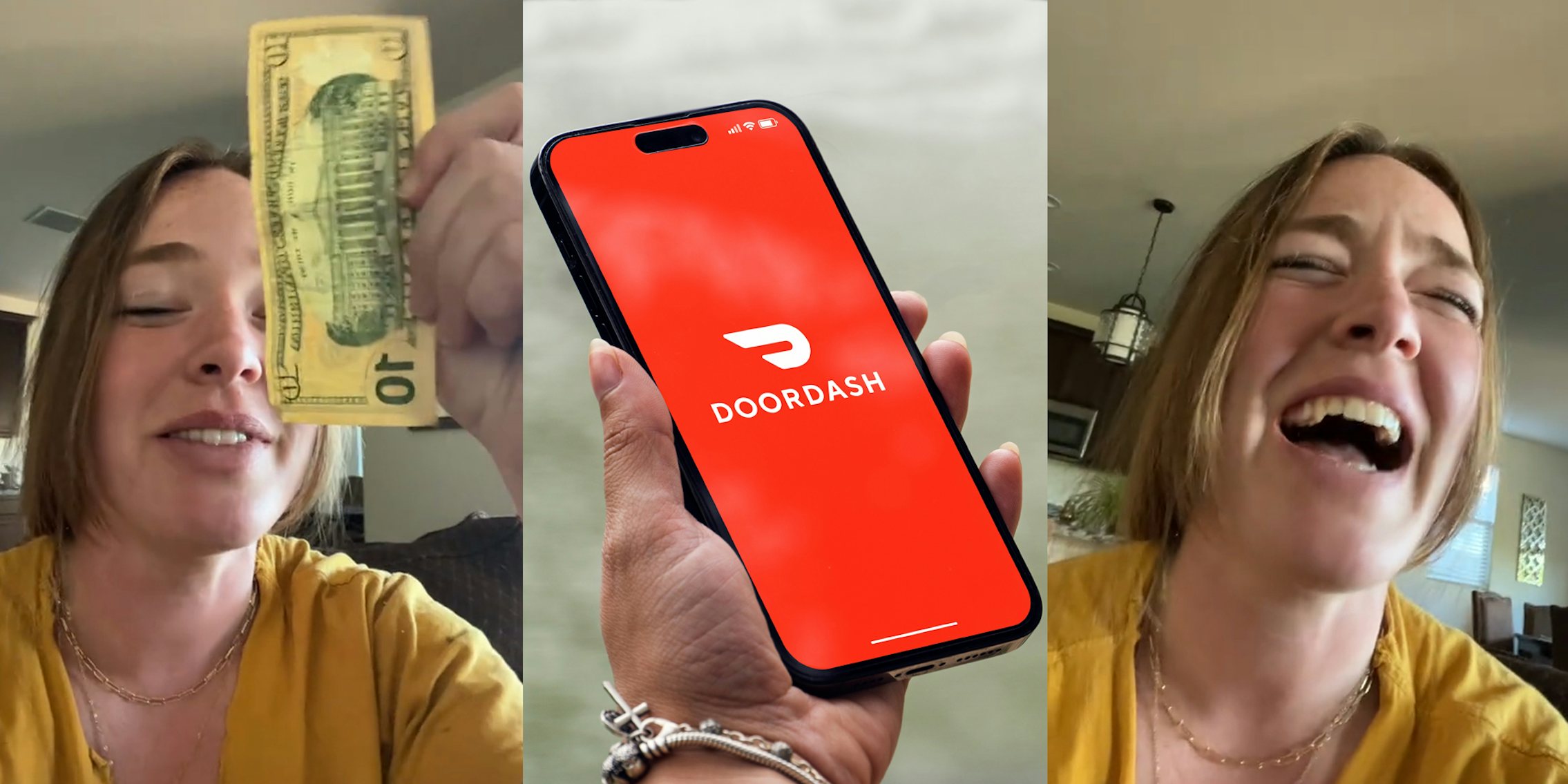 DoorDash customer holding $10 cash (l) hand holding phone with DoorDash on screen in front of light blurry background (c) DoorDash customer speaking (r)