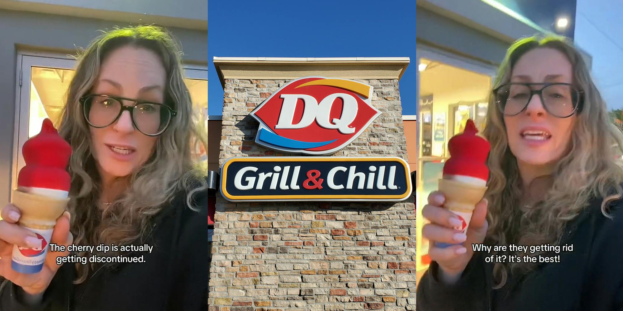 DQ customer speaking while holding cherry dipped ice cream with caption "The cherry dip is actually getting discontinued." (l) Dairy Queen building with sign (c) DQ customer speaking while holding cherry dipped ice cream with caption "Why are they getting rid of it? It's the best!" (r)