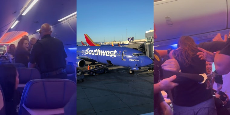 drunk woman with police inside Southwest plane (l) Southwest plane with blue sky (c) drunk woman being handcuffed by police inside Southwest plane (r)