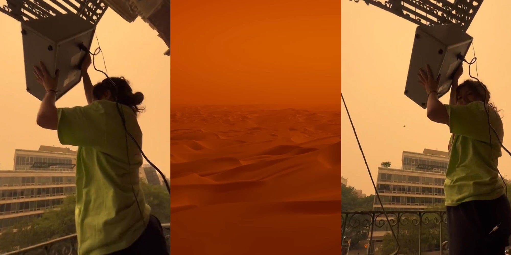 person holding speaker blasting Dune music outside (l) Dunes from Dune Trailer 2 (c) person holding speaker blasting Dune music outside (r)