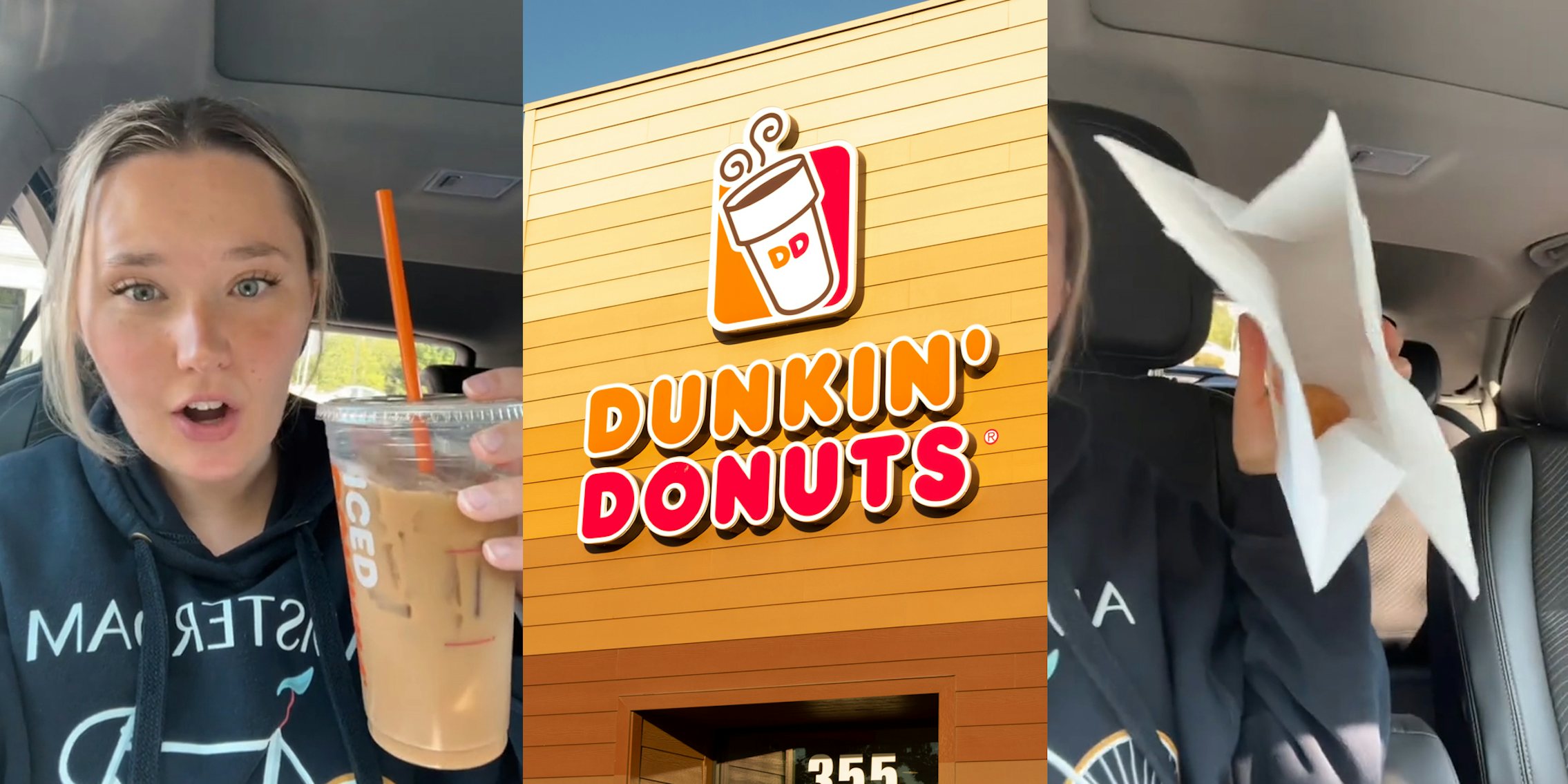 Dunkin' customer speaking in car holding coffee (l) Dunkin' Donuts building with sign (c) Dunkin' customer speaking in car holding single munchkin in bag (r)