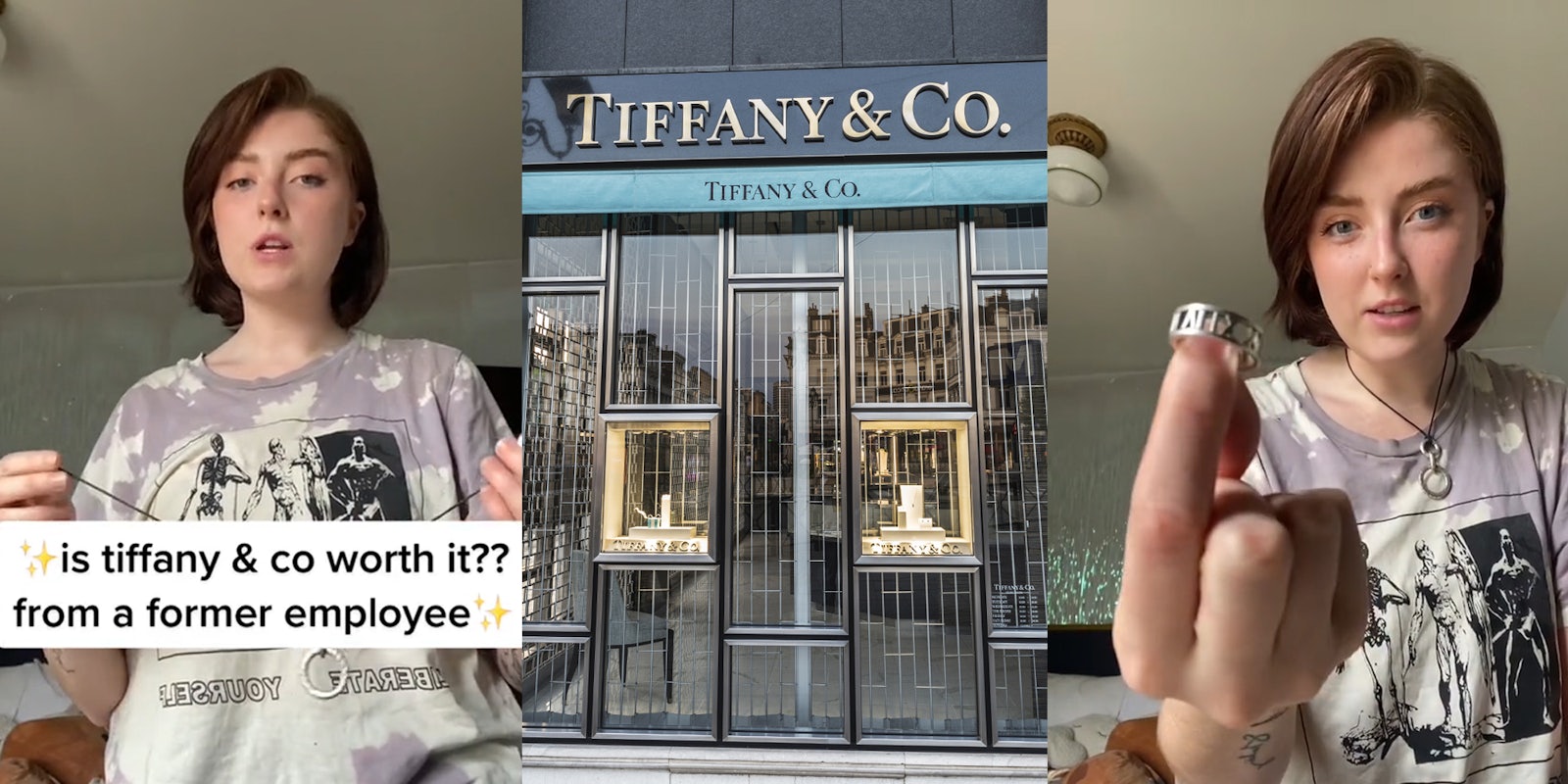 former Tiffany & Co. employee speaking with caption 'is tiffany & co worth it?? from a former employee' (l) Tiffany & Co. building with sign (c) former Tiffany & Co. employee speaking holding out ring (r)