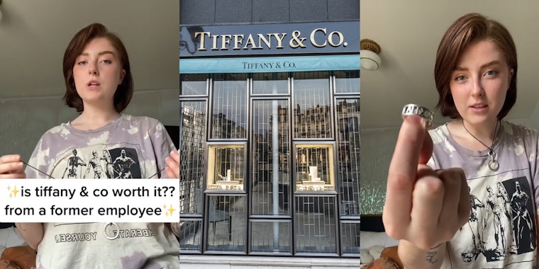 former Tiffany & Co. employee speaking with caption 'is tiffany & co worth it?? from a former employee' (l) Tiffany & Co. building with sign (c) former Tiffany & Co. employee speaking holding out ring (r)