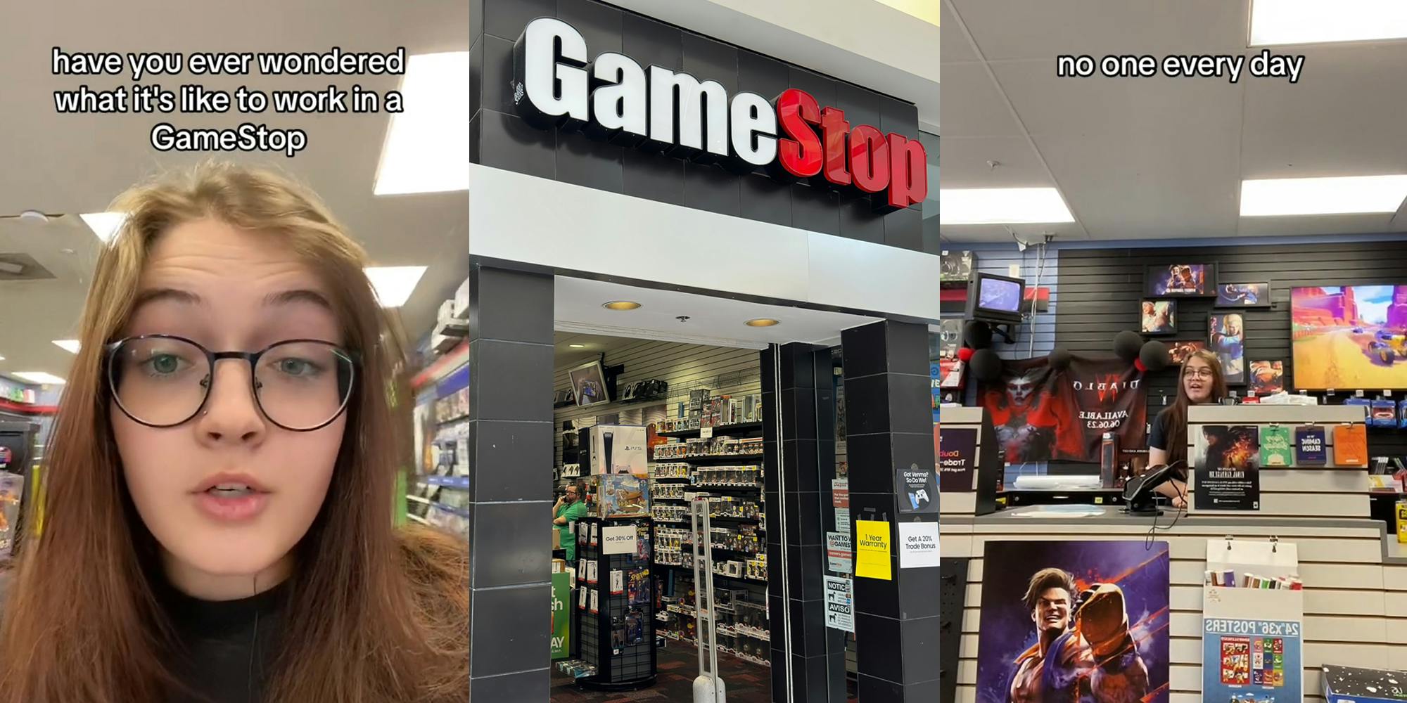 GameStop employee with caption "have you ever wondered what it's like to work in a GameStop" (l) GameStop store entrance with sign (c) GameStop employee with caption "no one every day" (r)