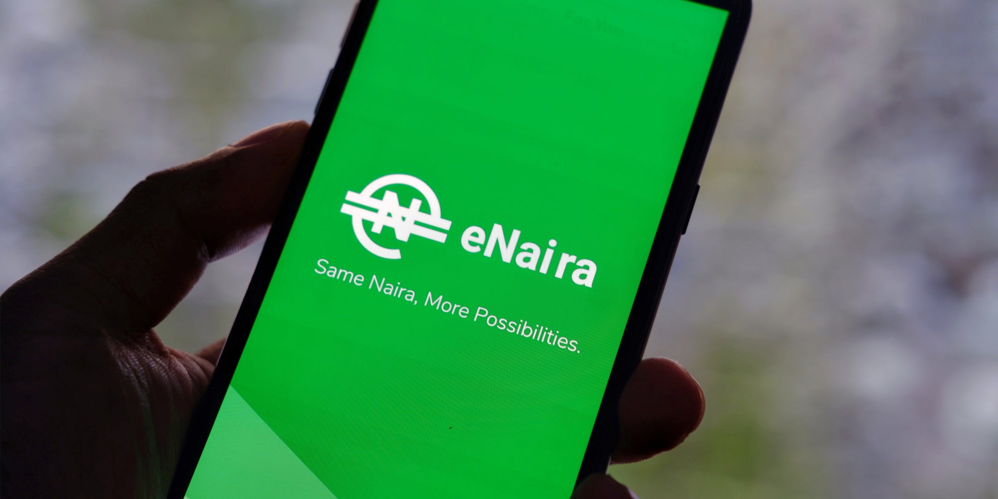 hand holding phone with eNaira app on screen