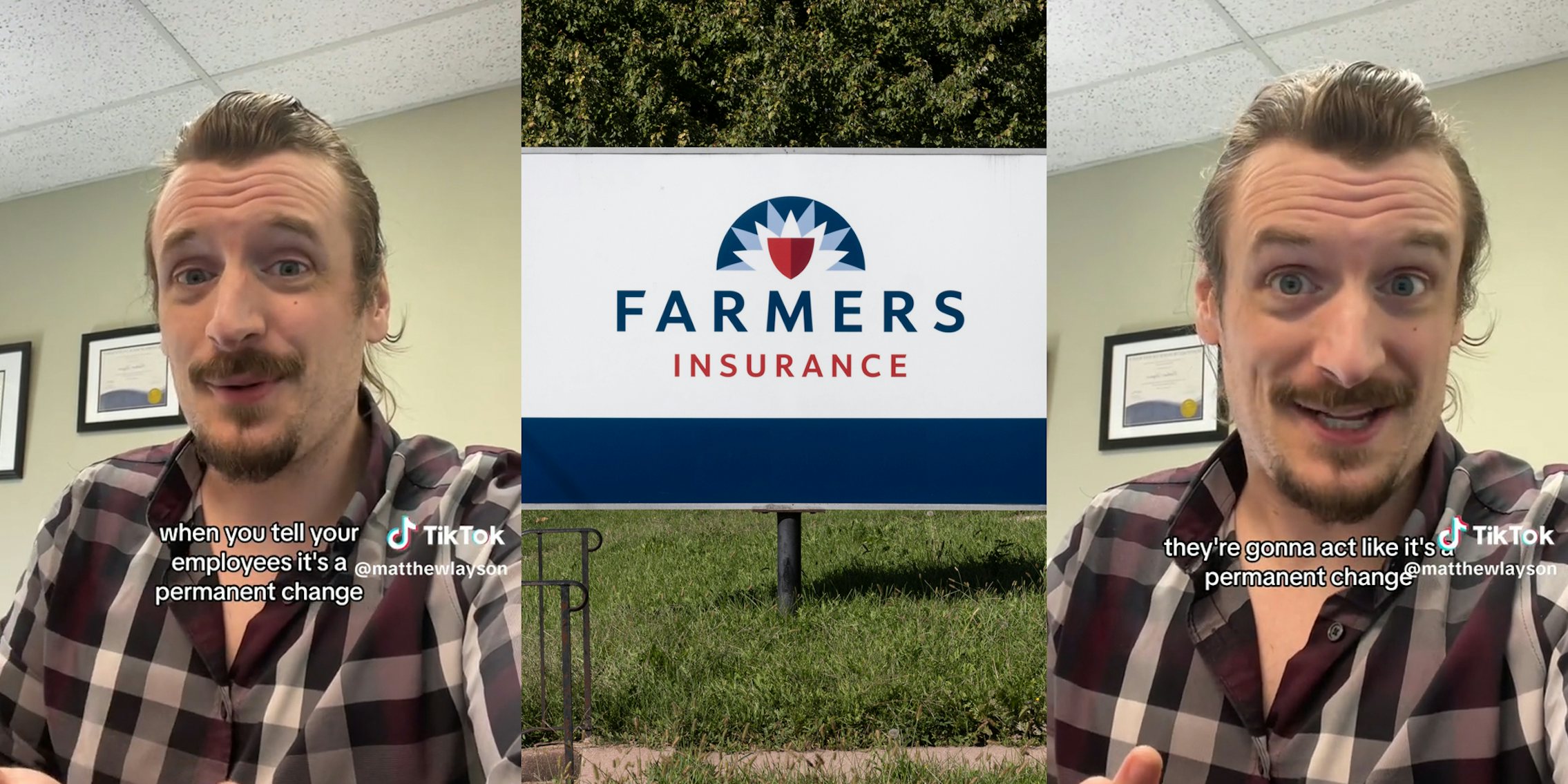 man speaking (l&r) farmers insurance sign (c)