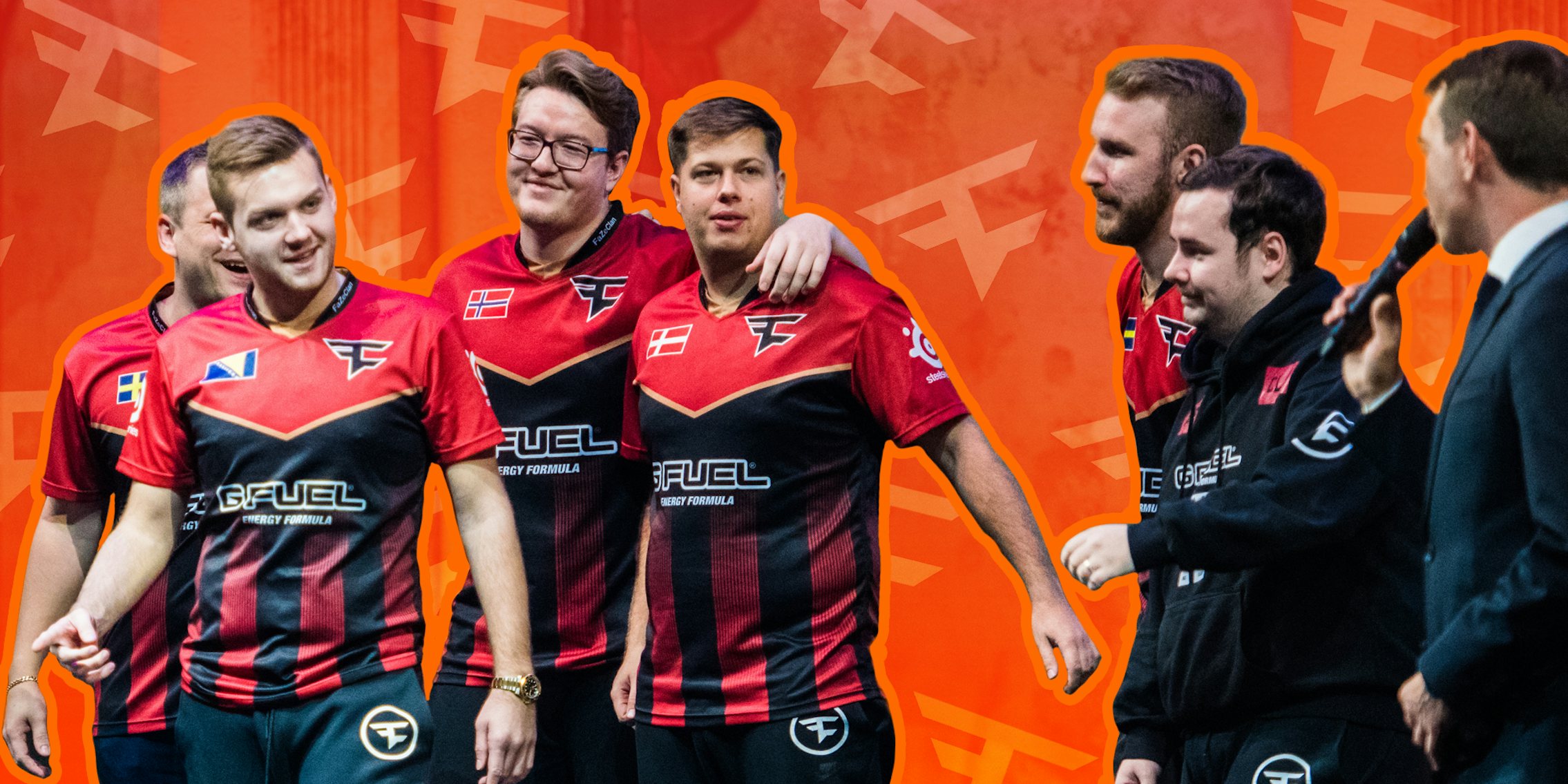 Faze Clan on stage with red to orange vertical Faze Clan logo background Passionfruit remix
