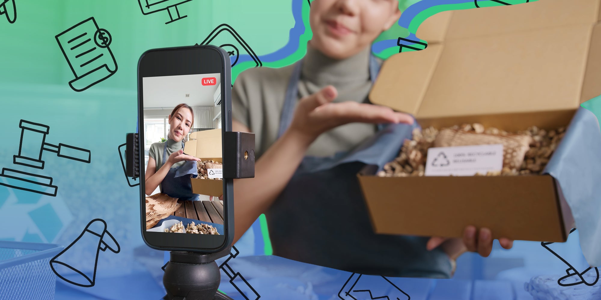 social media influencer livestreaming product in front of green to blue vertical advertising icon background Passionfruit Remix