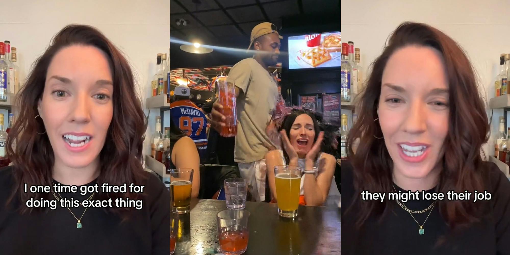 server speaking with caption "I one time got fired for doing the exact same thing" (l) server accidentally spilling drinks on customer (c) server speaking with caption "they might lose their job" (r)