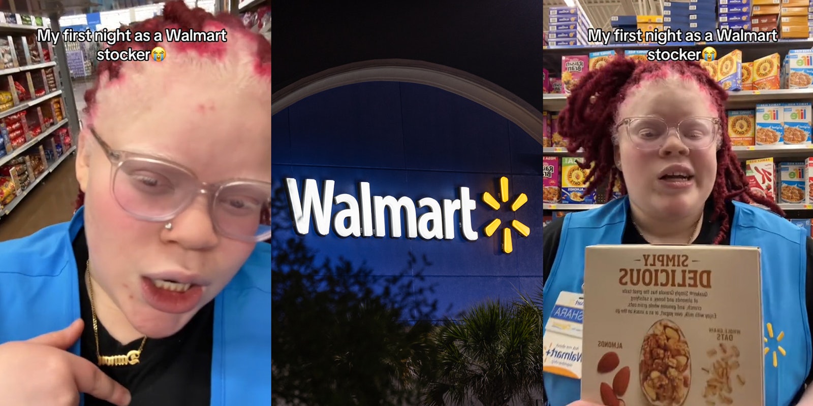 Walmart employee speaking with caption 'My first night as a Walmart stocker' (l) Walmart sign at night (c) Walmart employee speaking with caption 'My first night as a Walmart stocker' (r)