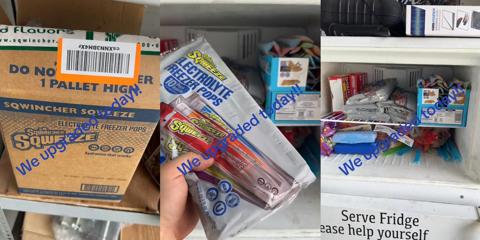 freezer pops in box with caption "We upgraded today!!" (l) freezer pops in hand in front of open freezer with caption "We upgraded today!!" (c) freezer pops in freezer with caption "We upgraded today!!" (r)