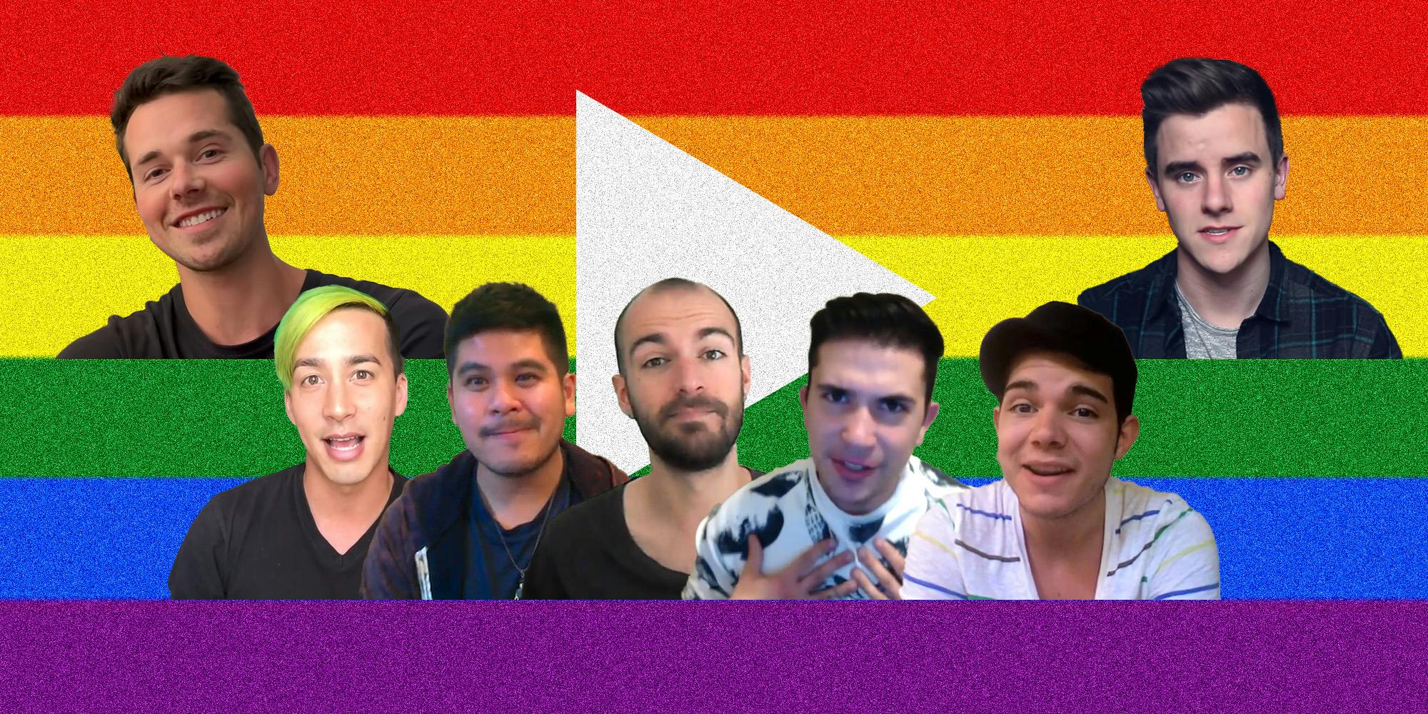 Young men in front of rainbow flag with YouTube icon