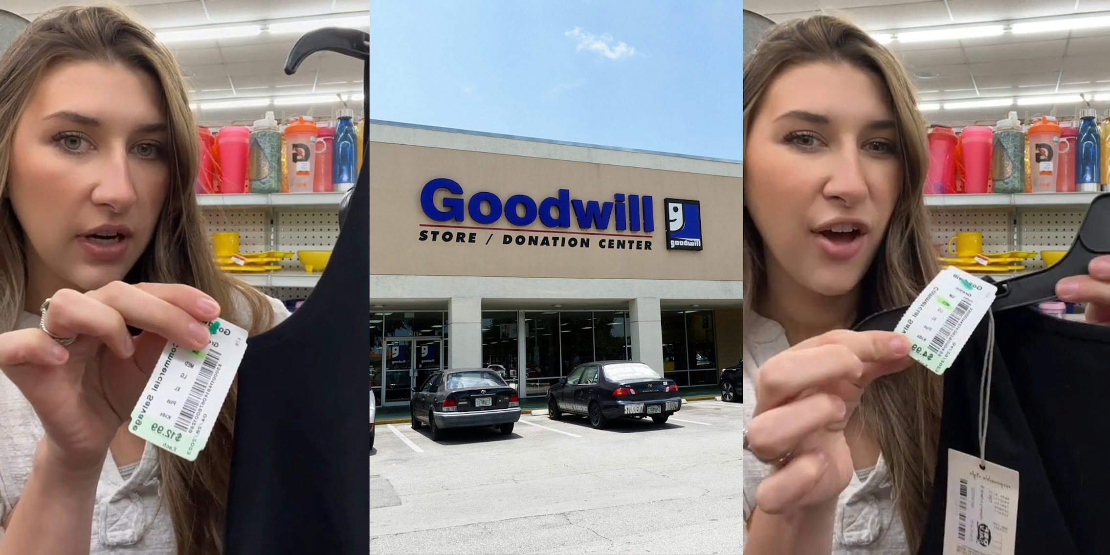 Goodwill customer holding shirt with $12 tag (l) Goodwill building with sign (c) Goodwill customer holding shirt with $4 tag (r)